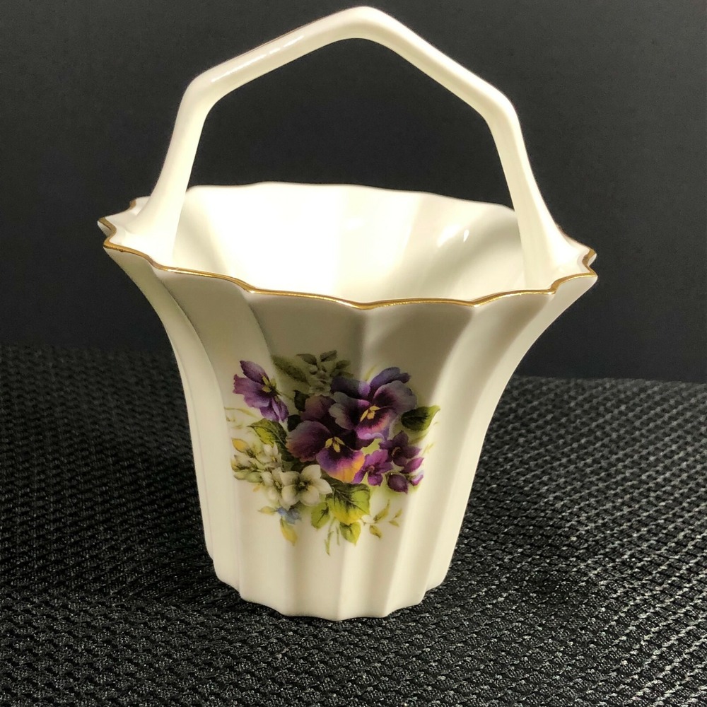 Bone China Basket Royale Garden Staffordshire England Gold Trim Hand Decorated